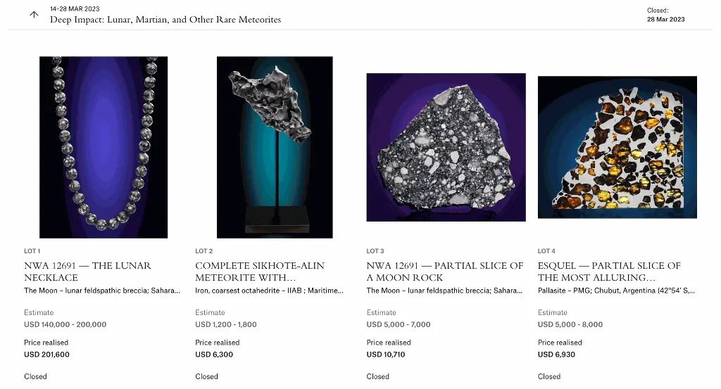 Results of a meteorite auction at Christie's in 2023