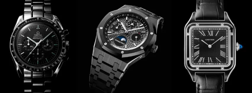 Omega Speedmaster, Royal Oak Audemard Piguet and Cartier Santos on a black background.