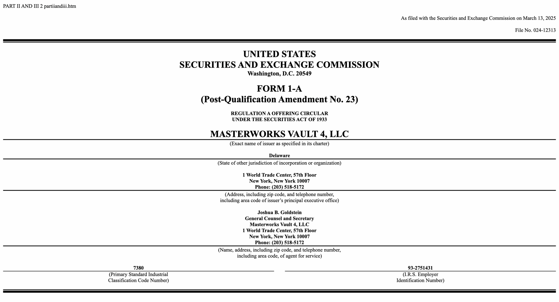 Public registration files for works available on Masterworks on the SEC website
