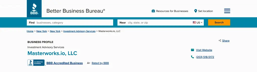 Masterworks certified Better Business Bureau